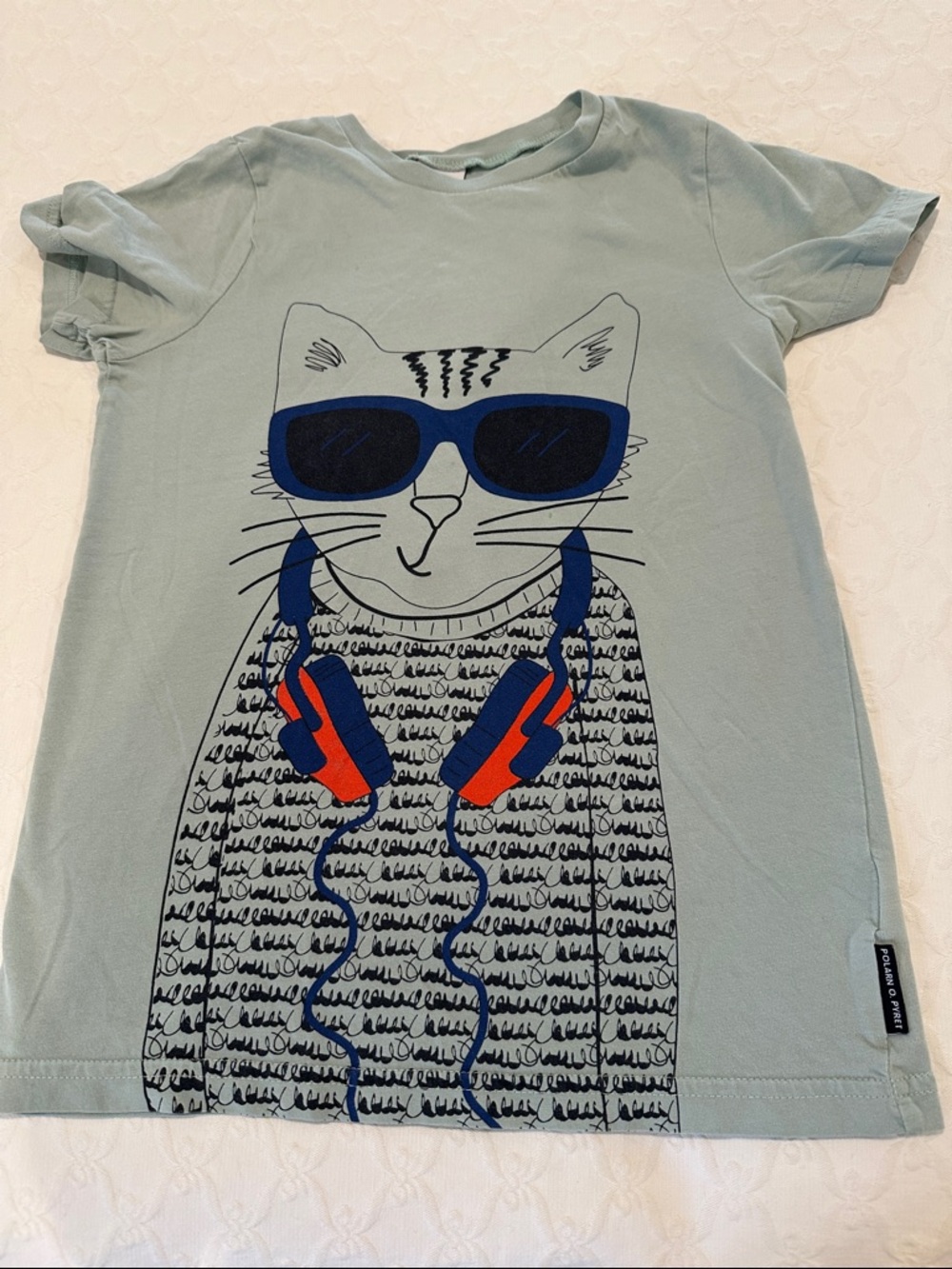 Polarn O. Pyret Light Blue Tee with Navy and Orange Cat Graphic
